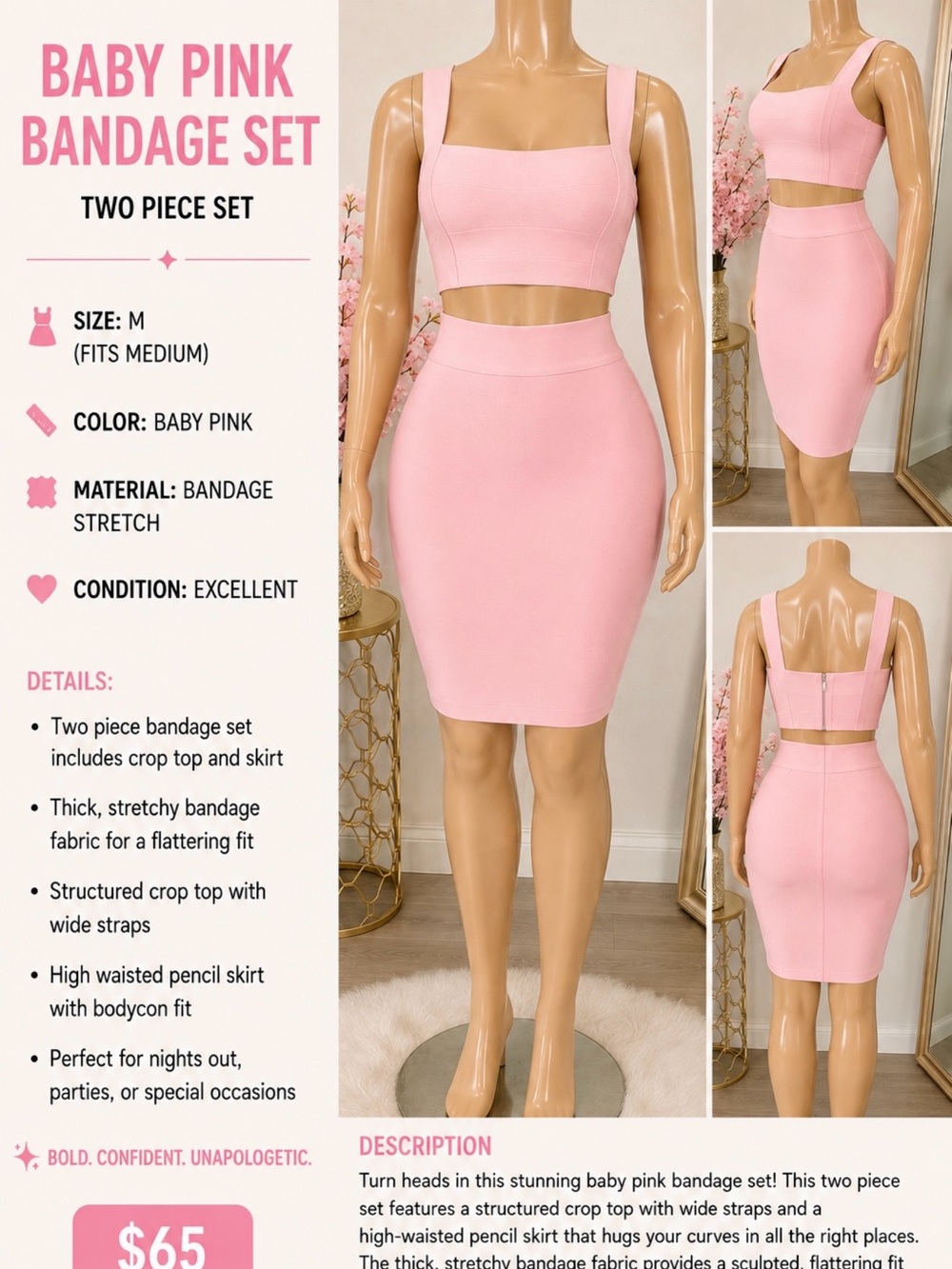 Baby Pink Bandage Pencil Skirt Set — Structured Crop Top & High-Waist Skirt